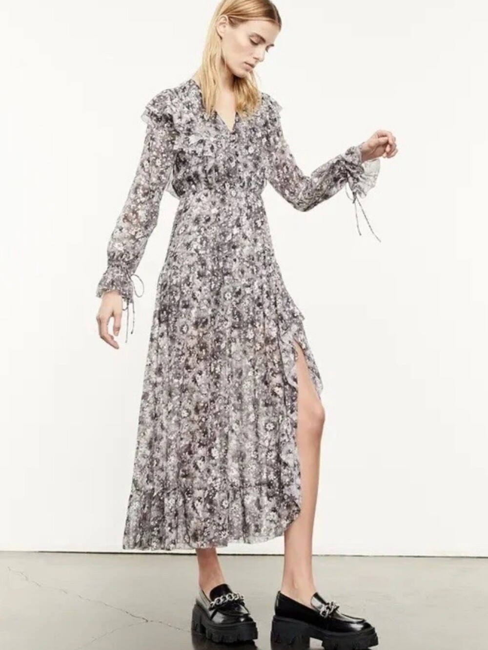 The Kooples Long Sleeve Silver Grey Chiffon Floral Ruffle Midi Dress 3